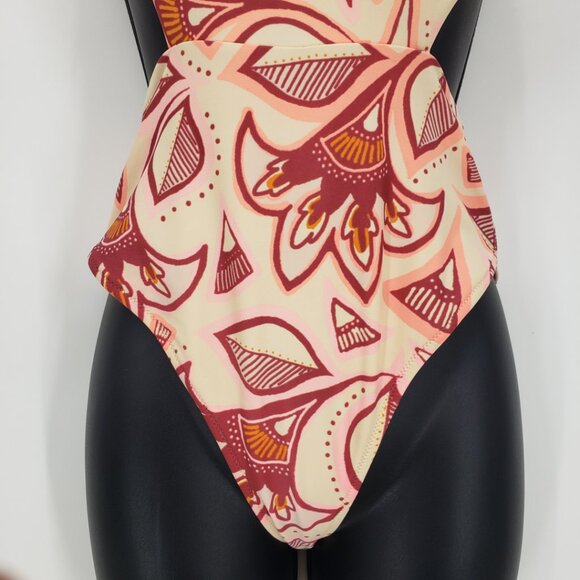 Aerie Boho Floral‎ Print Cut Out Open Back One Piece Swimsuit S  Peach Red - Picture 5 of 10